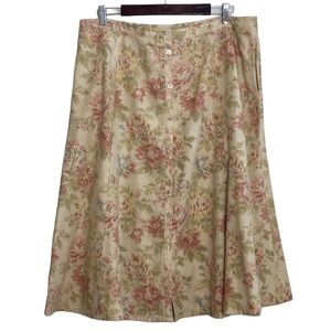 Vintage Skirt Womens 18 Beige Pink Floral Midi Linen Skirt 90s Romantic Whimsy